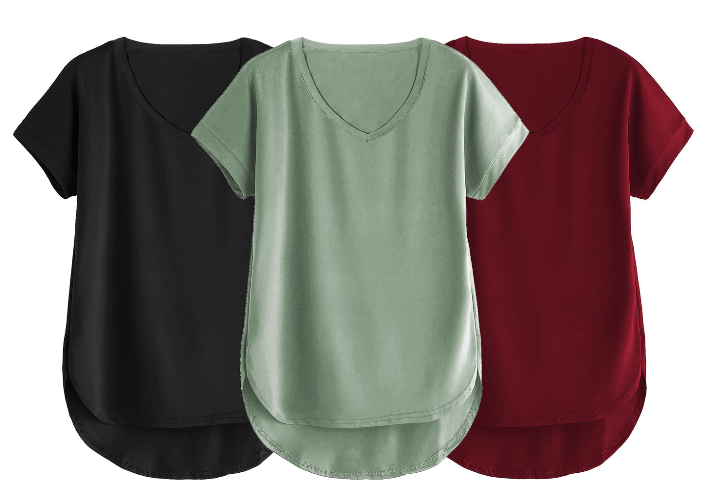 Fabricorn Combo Of Three Plain Maroon, Black And Sage Green V-Neck Up And Down Cotton Tshirt For Women (Maroon, Black, Sage Gree