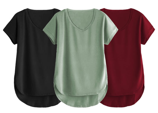 Fabricorn Combo Of Three Plain Maroon, Black And Sage Green V-Neck Up And Down Cotton Tshirt For Women (Maroon, Black, Sage Gree