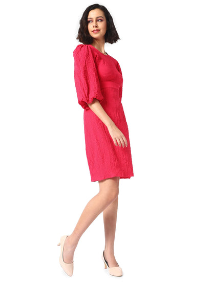 Campus Sutra Women Solid Red Dress With Open Back Detail For Casual Wear | Quarter Sleeve | Crepe Knee Length Dress Crafted With
