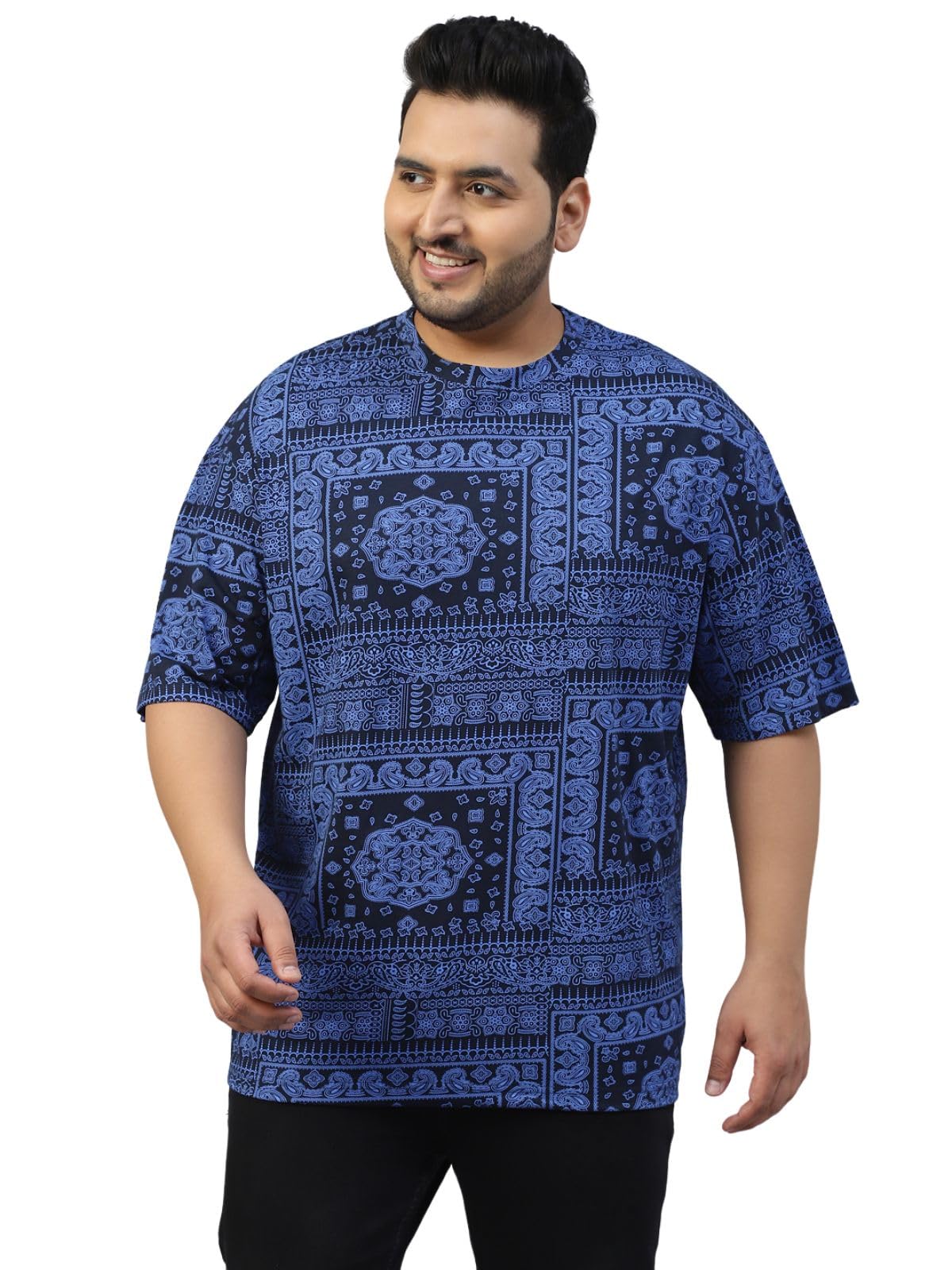 Veirdo Mens 100% Cotton Oversized Loose Baggy Fit Drop Shoulder Paisley Printed Plus Size T-Shirt Nav