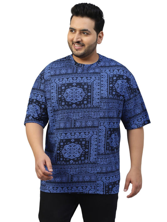 Veirdo Mens 100% Cotton Oversized Loose Baggy Fit Drop Shoulder Paisley Printed Plus Size T-Shirt Nav