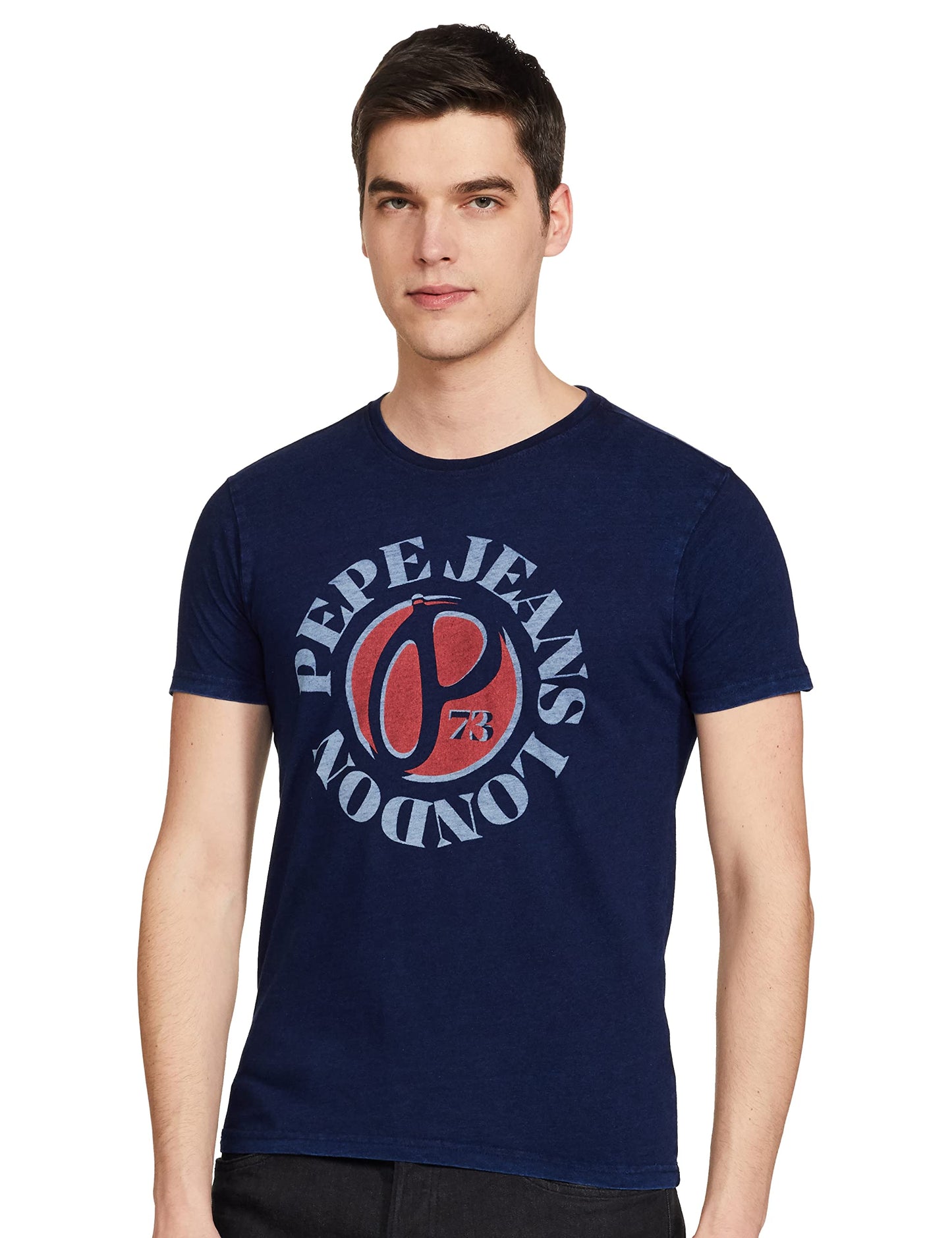 Pepe Printed Cotton Slim Fit Mens T-Shirt (S22Trossssipind003, Blue, Large)