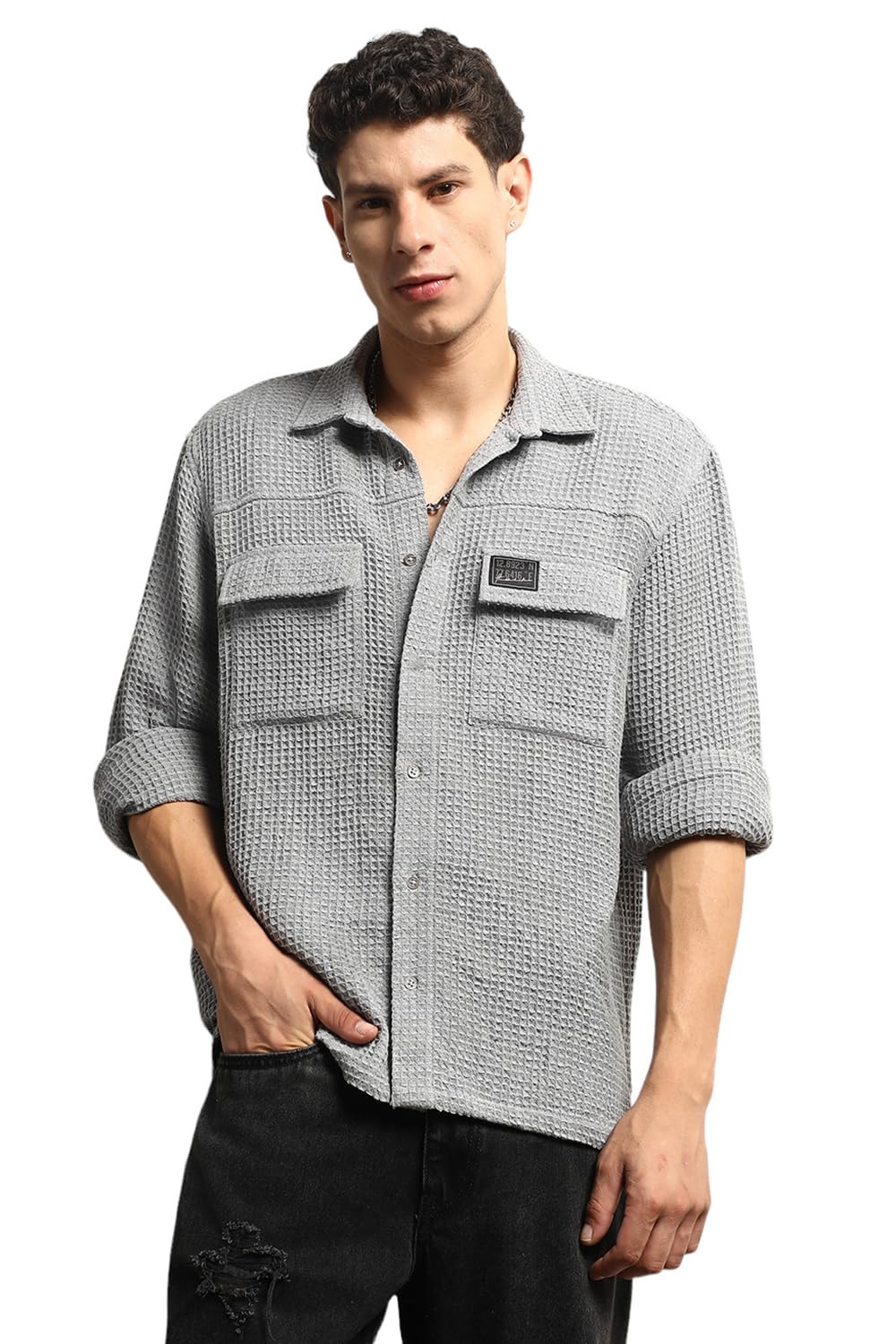Hubberholme Men Summer Cotton Spread Collar Long Sleeves Oversized Casual Shirt 25 Grey