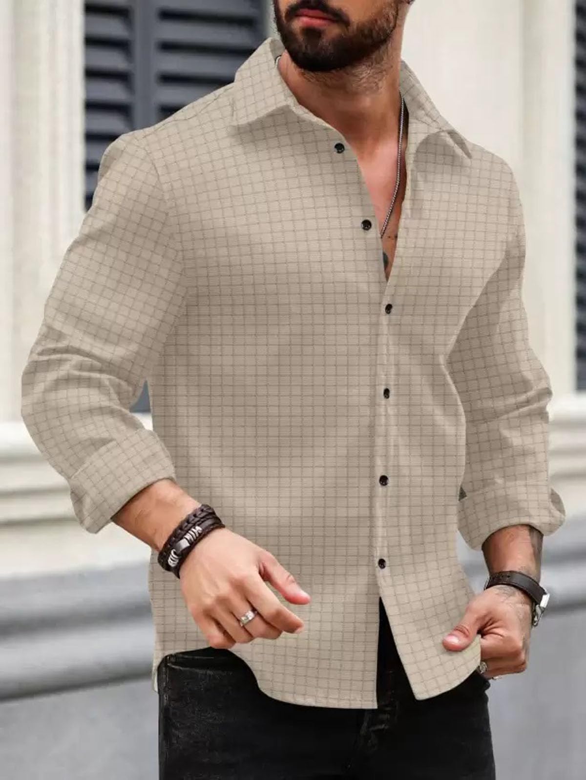 Deemoon MenS Regular Fit Button Down Dress Shirts Textured Long Sleeve Casual Hawaiian Beach Shirt