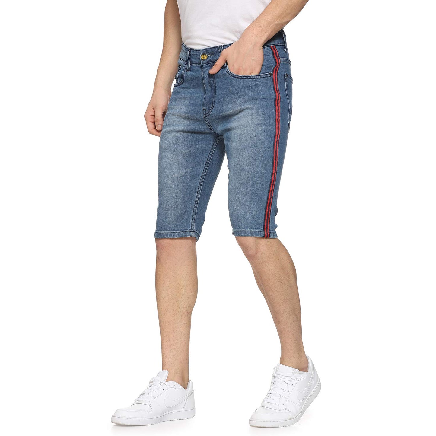 Campus Sutra Mens Classic Blue Light-Washed Distressed Side Striped Regular Fit Denim Shorts | Mid-Rise Stretchable Cotton Denim