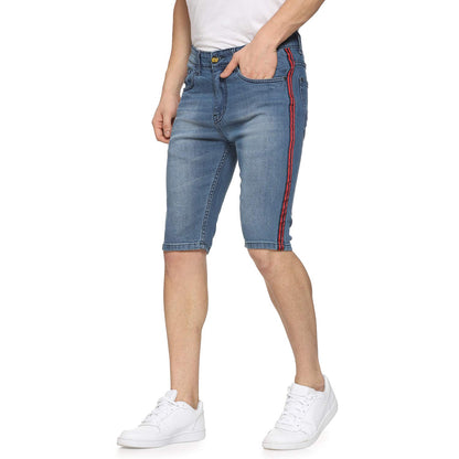 Campus Sutra Mens Classic Blue Light-Washed Distressed Side Striped Regular Fit Denim Shorts | Mid-Rise Stretchable Cotton Denim