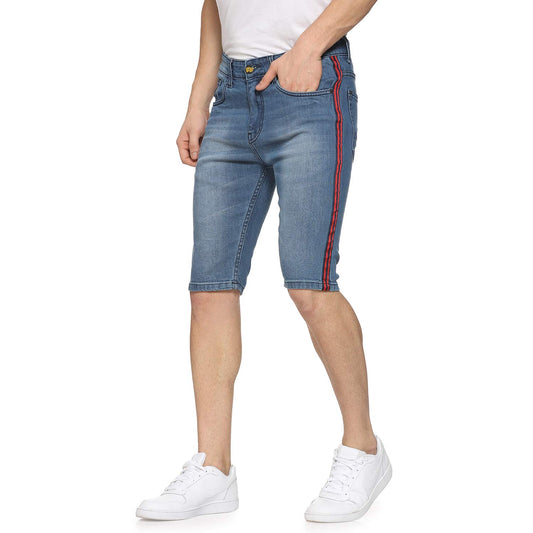 Campus Sutra Mens Classic Blue Light-Washed Distressed Side Striped Regular Fit Denim Shorts | Mid-Rise Stretchable Cotton Denim