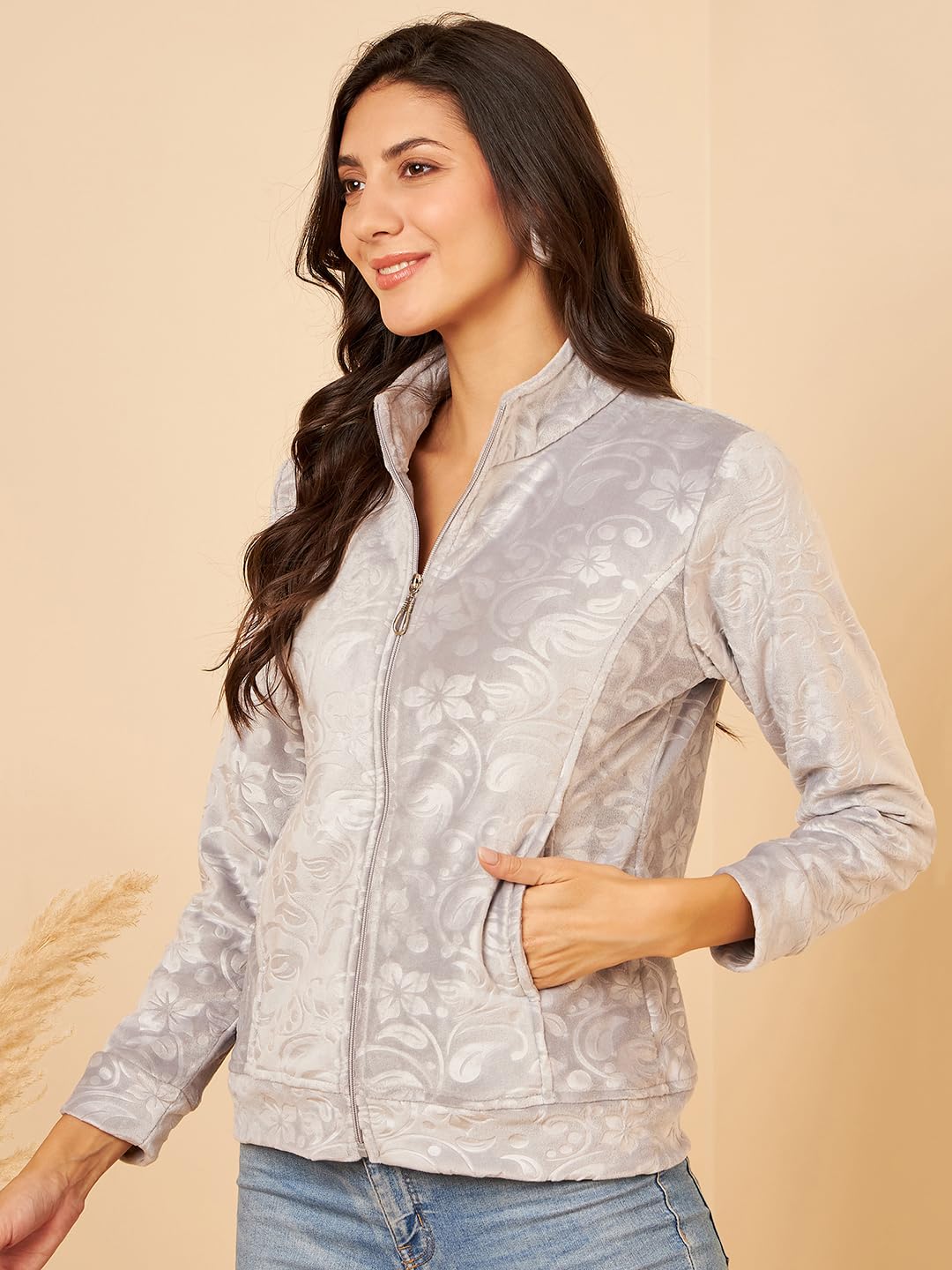 Modeve Full Sleeve Printed Women Jacket -Grey