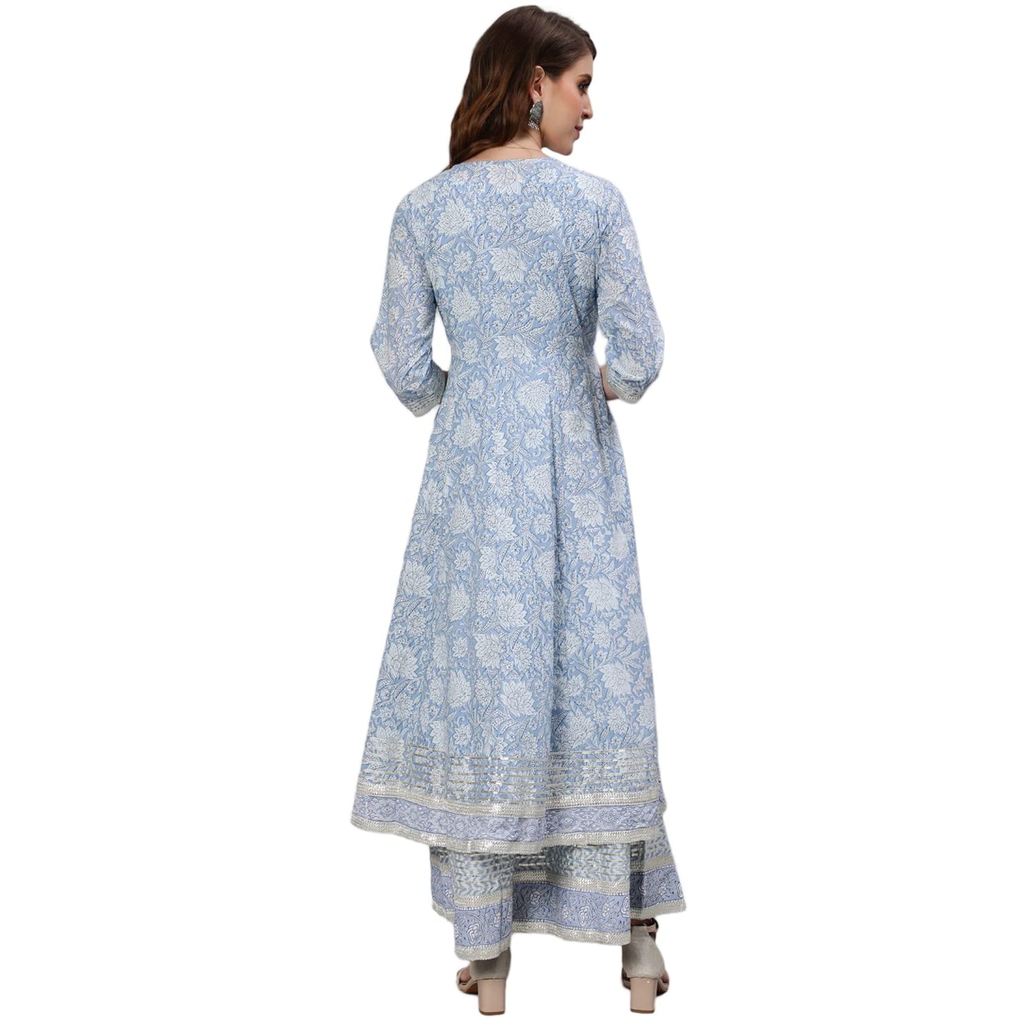 ishin Women's Cotton Anarkali Embroidered Zari Floral Print Blue Kurti & Jacket