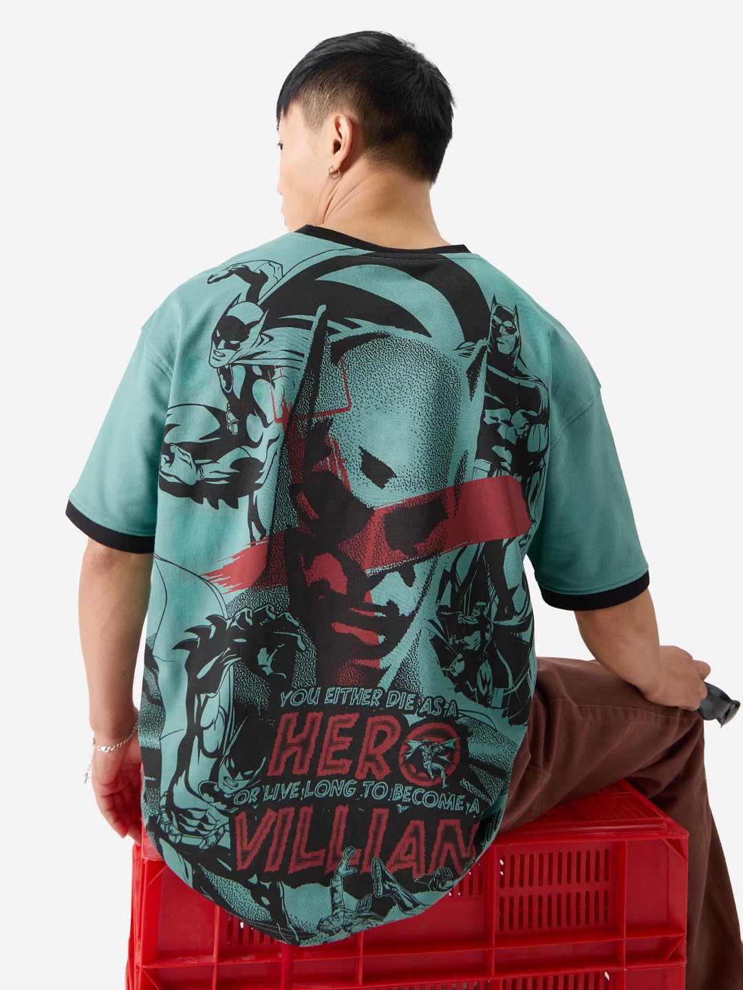 The Souled Store Official Batman: Die a Hero Men and Boys Short Sleeve Round Neck Blue Graphic Printed Cotton Oversized Fit T-Sh