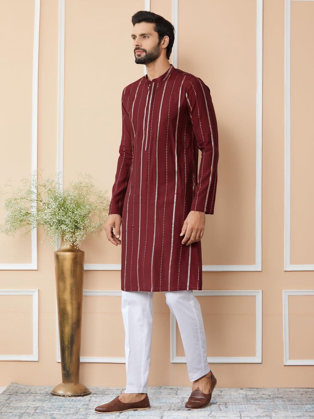See Designs MenS Long Sleeve Mandarin Collar Side Slit Maroon Sequins Embroidered Pure Chanderi Silk Straight Kurta With Pyjama