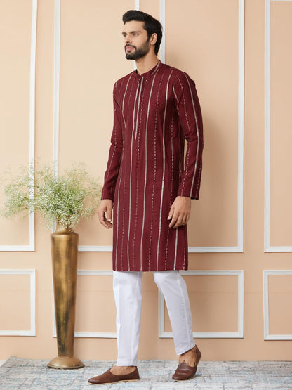See Designs MenS Long Sleeve Mandarin Collar Side Slit Maroon Sequins Embroidered Pure Chanderi Silk Straight Kurta With Pyjama