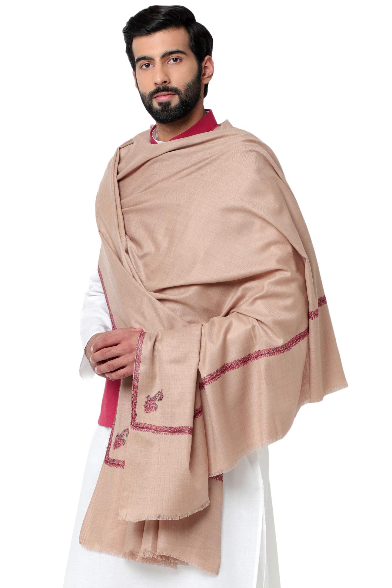 Weavers Villa MenS Embroided Border Kunj Pure Wool Lohi/Woollen Shawl, 125Cm X 250Cm