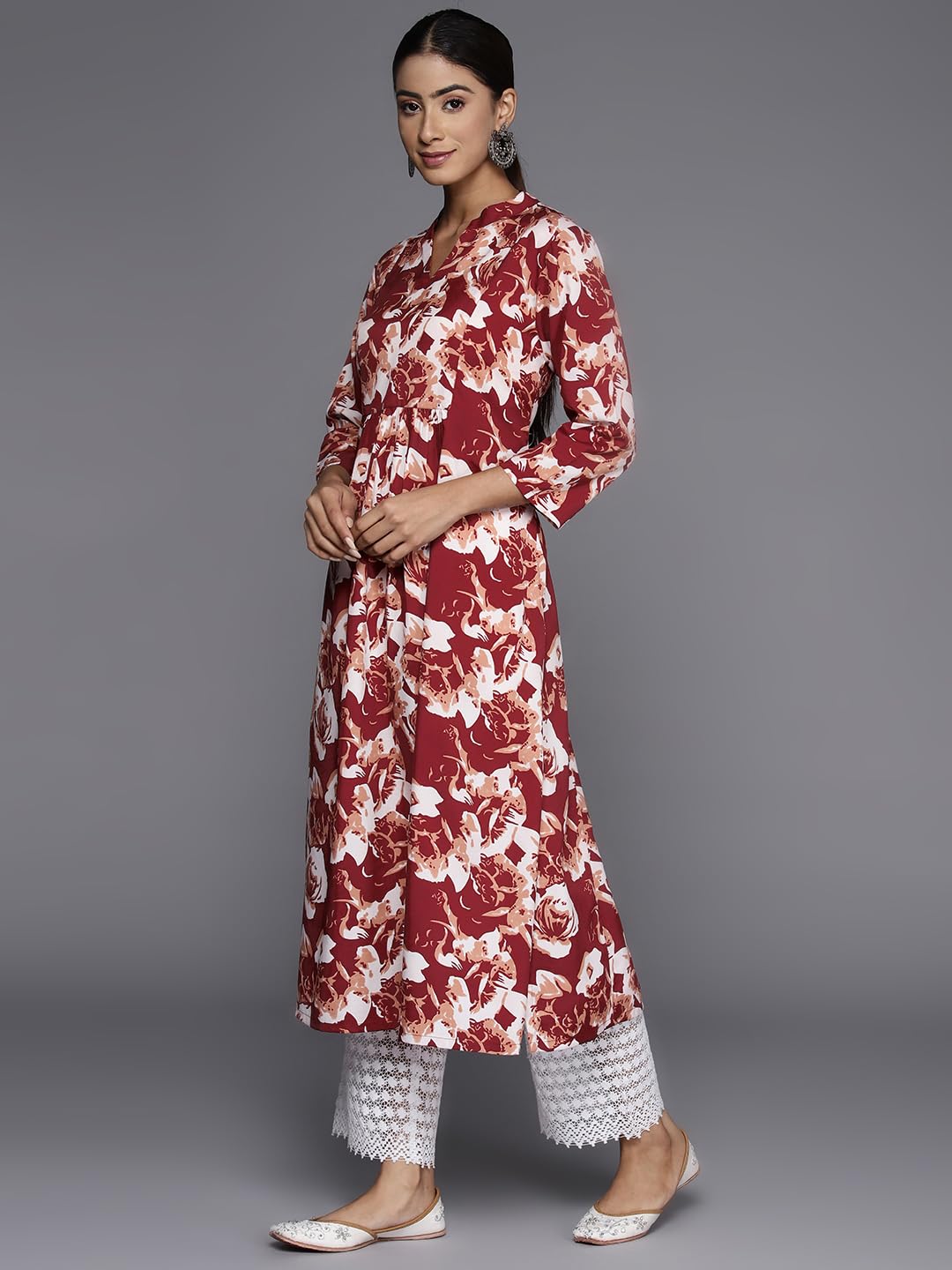 Varanga Maroon Floral Printed Mandarin Collar With Slit, Three Quarter Sleeves A-Line Kurta With Side Slits