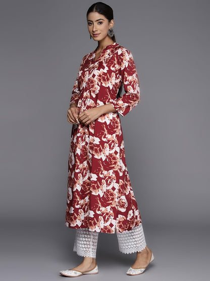 Varanga Maroon Floral Printed Mandarin Collar With Slit, Three Quarter Sleeves A-Line Kurta With Side Slits