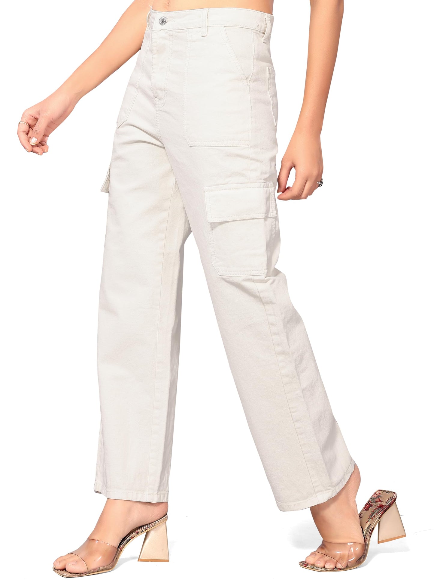 ELLITI Womens 6 Pocket Regular Fit High Rise Relaxed/Boyfriend Fit, Wide Leg, Bell Bottom, Pure Denim Ankle Length Jeans Pants