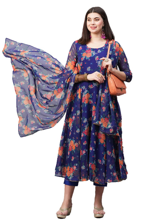 Gosriki WomenS Georgette Anarkali Printed Kurta With Pant & Dupatta (Atasi Blue-Nw02-Gs_L_Blue_Large)