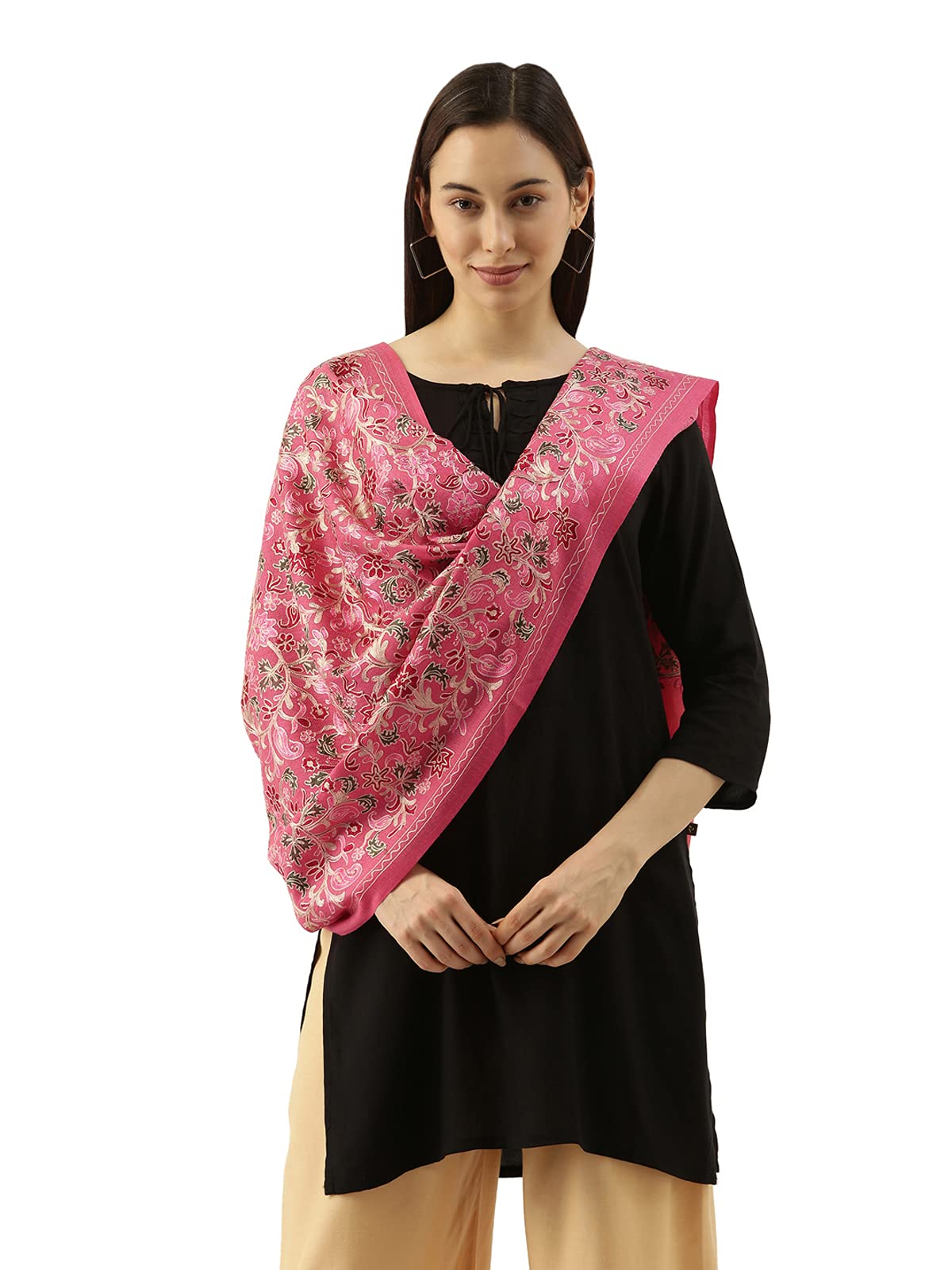 Pashmoda Womens 100% Pure Wool Nalki Embroidered Stole, Shawl and Wrap, Woolmark Certified, Sustainable and Natural Fabric (Size