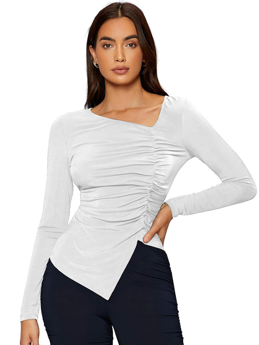 Shasmi Womens & Girls White Long Sleeve Asymmetrical Neck Solid Color Ruched Front Asymmetrical Hem Tee Workwear Fancy Top, T-