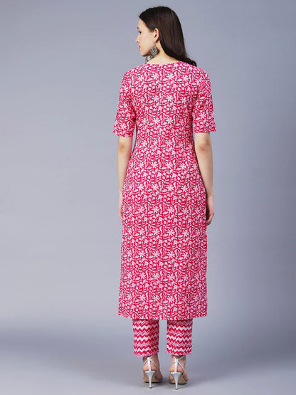 GoSriKi Women's Cotton Blend Printed Straight Kurta with Pant (AZRAK-GS)