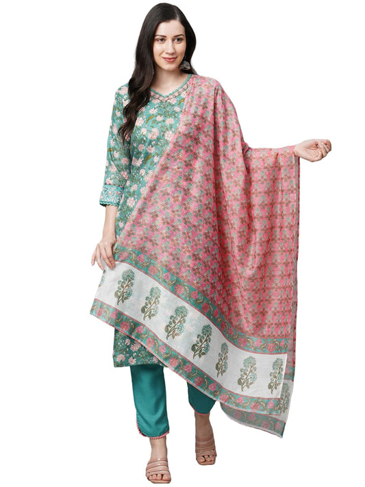 GoSriKi Women's Cotton Blend Straight Printed Kurta with Pant & Dupatta (Kido-See-GS)