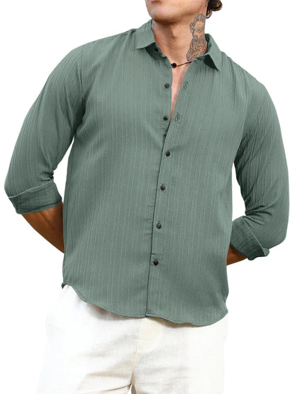 Finivo Fashion MenS Striped Cotton Casual Button Down Shirts Long Sleeve Textured Summer Beach Shirt For Men Green
