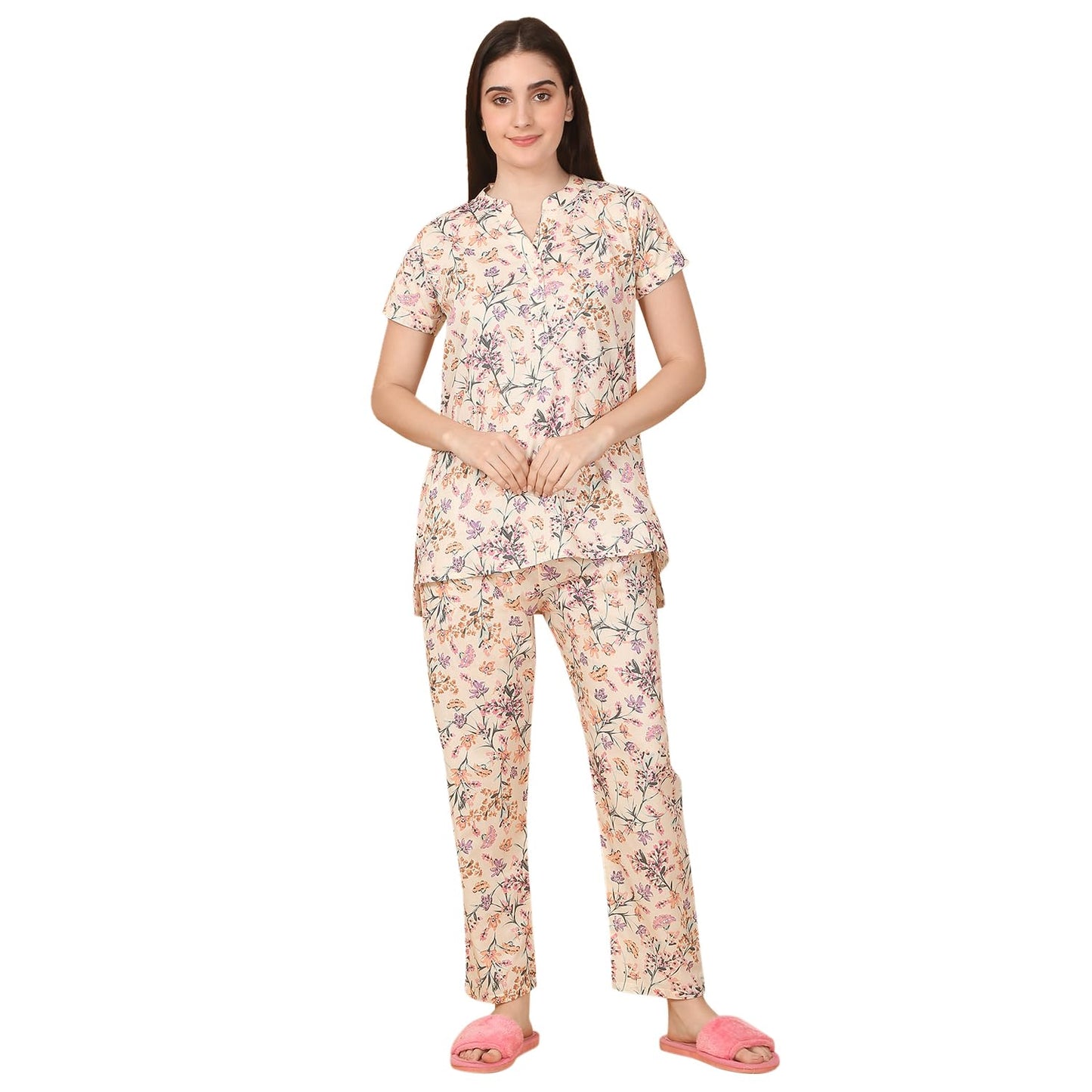 Sweet Dreams Women Printed Pyjama Set Cream