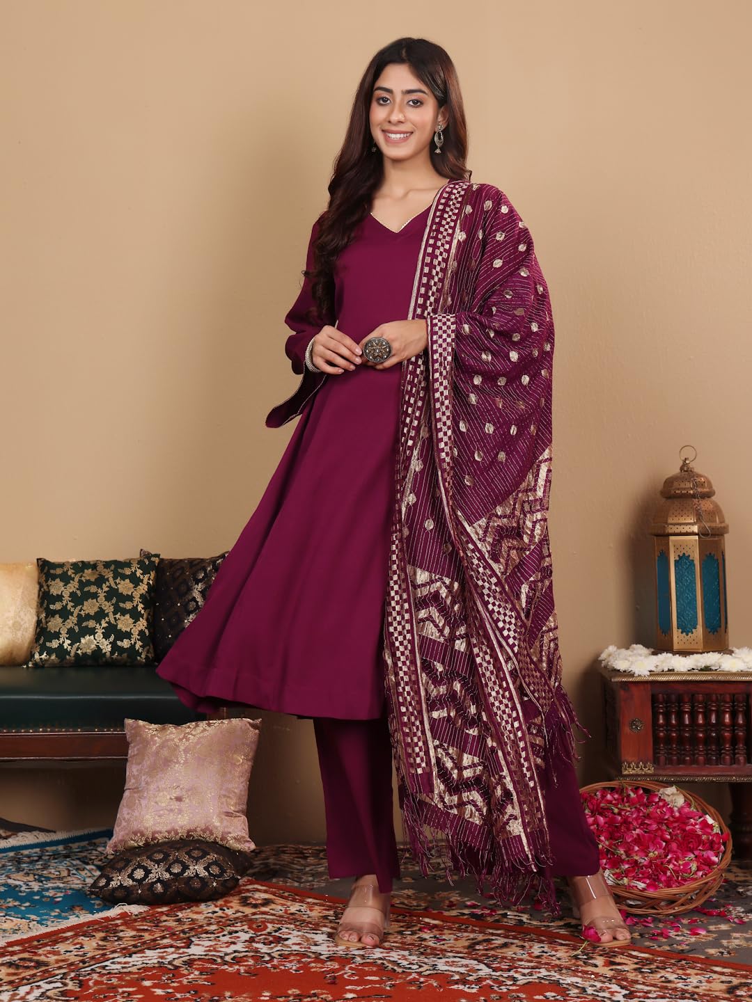 Varanga Women Purple Crepe Gota Lace Embellished Anarakli Kurta Set With Dupatta