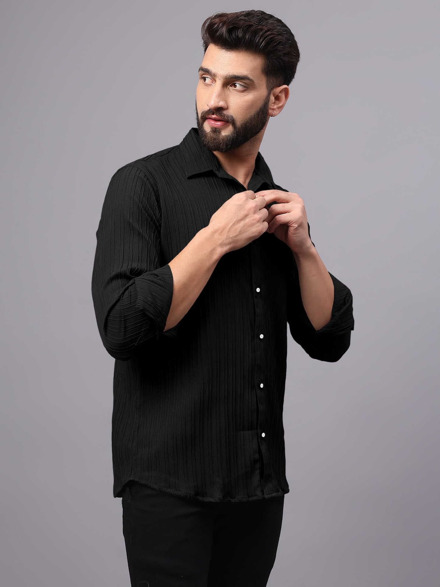 Finivo Fashion MenS Casual Button Down Shirts Long Sleeve Linen Shirt Fashion Textured Beach Summer Shirts Black