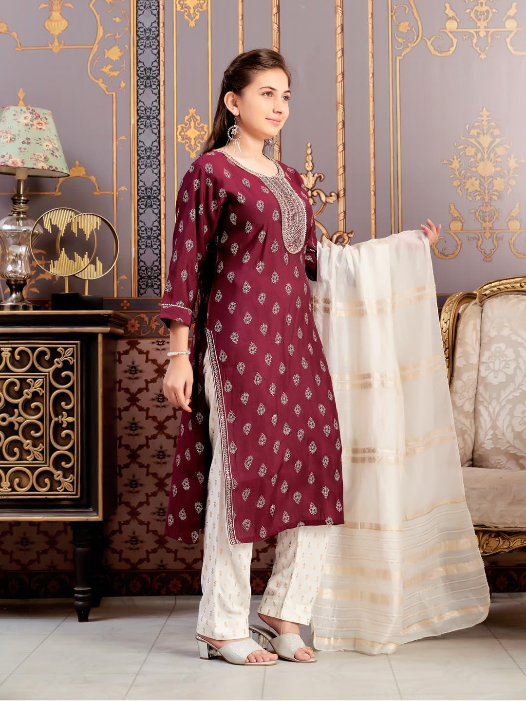 Aarika Girls Ethnic Wear Wine Colour Foil Print Embroidery Silk Kurti-8-15 Years (Kurti-Sd-5974)