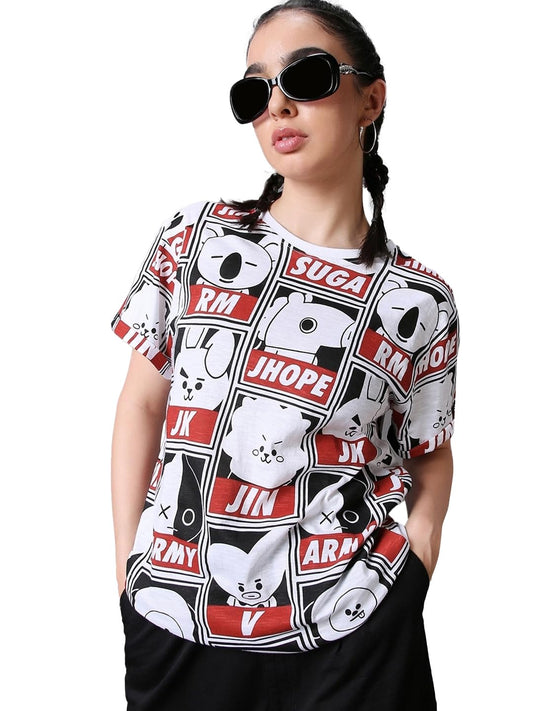 Bewakoof Air 1.0 Womens All Over Printed Boyfriend Fit Half Sleeve Round Neck Cotton T-Shirt_ 584497 White XS