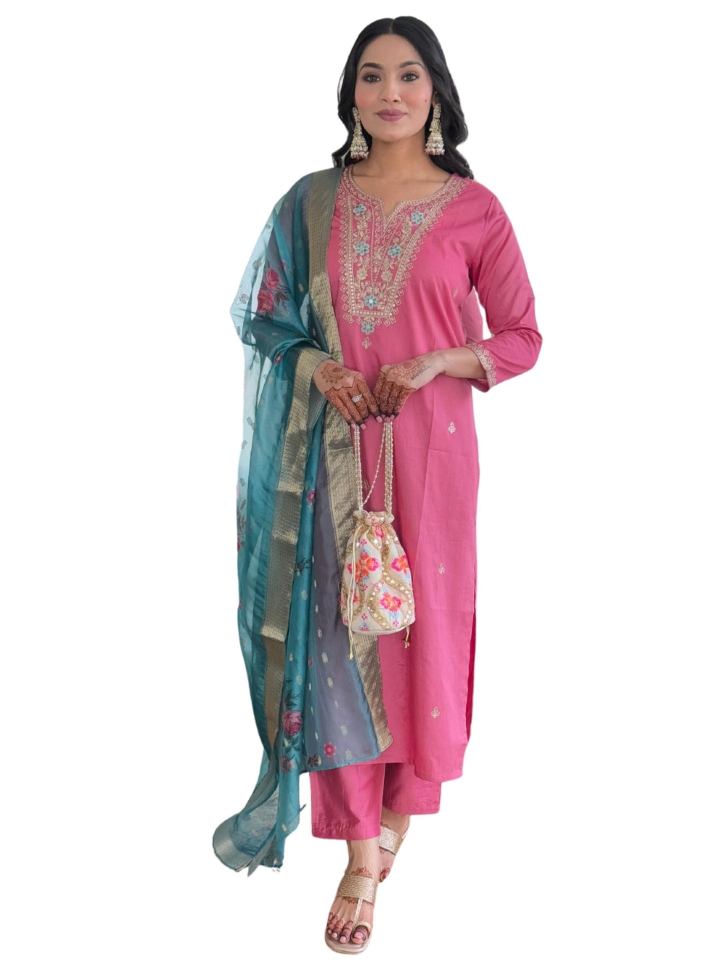 Naixa WomenS Gajri Viscose Silk Embroidered Straight Kurta With Viscose Silk Pant And Jacquard Jacquard Dupatta Sets (Nx-657-Ga