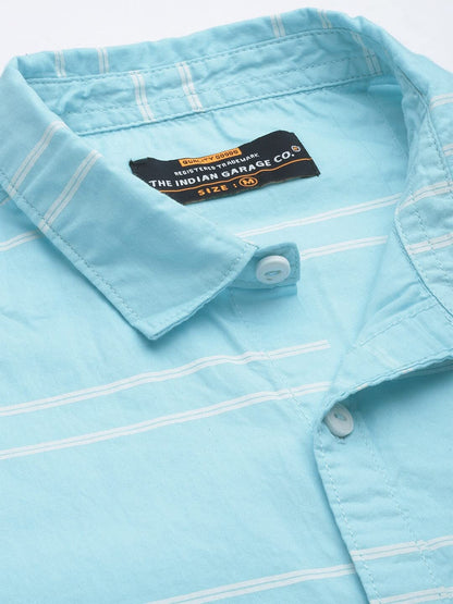The Indian Garage Co Blue Regular Fit Spread Collar Striped Short Sleeves Shirt