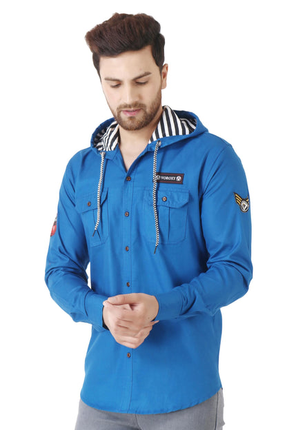 Besix MenS Blue Tailored Fit Cotton Blend Shirt For Man With Hoodie - Casual Long Sleeve Shirt With Pockets - Patch Detail For