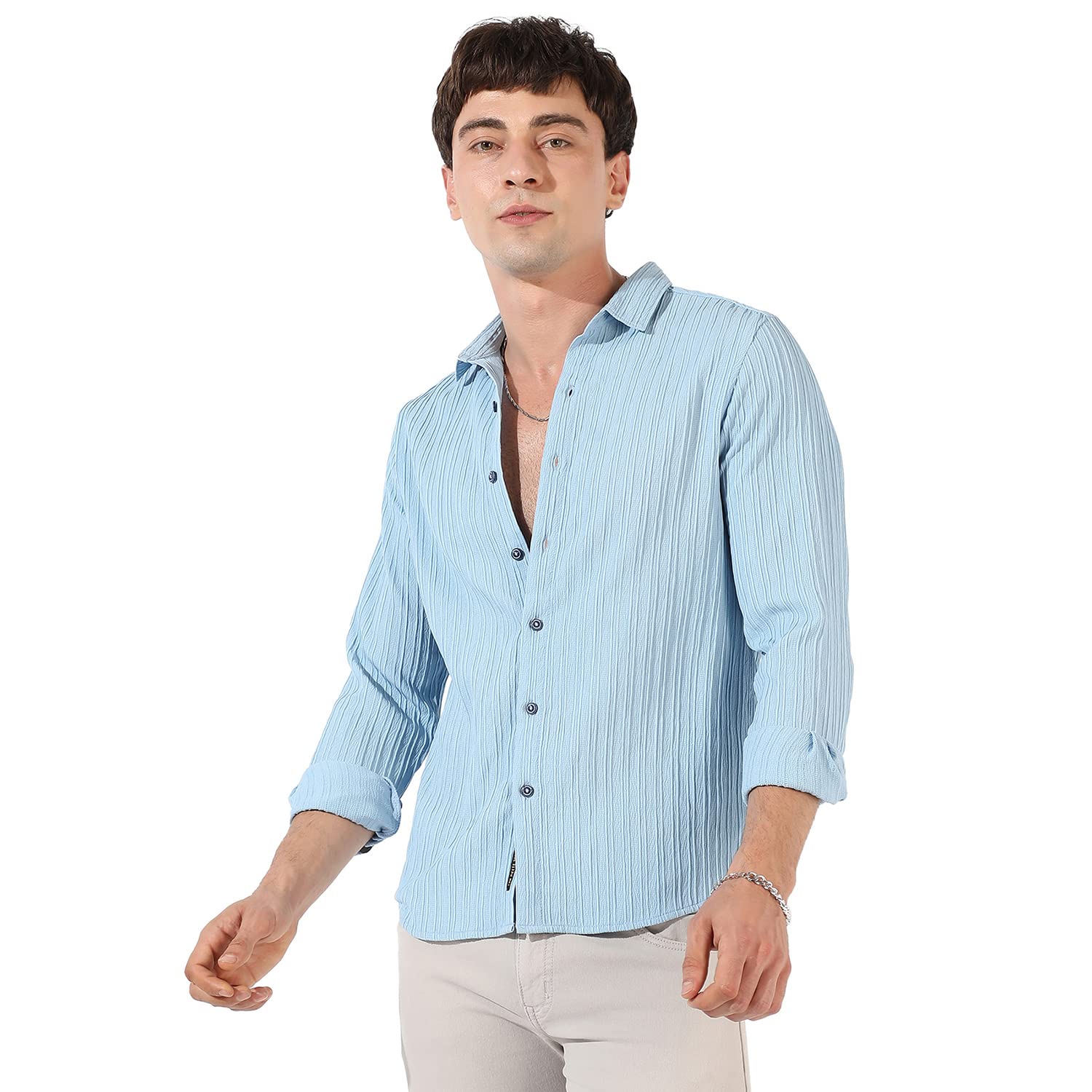 Campus Sutra Mens Light Blue Textured Button Up Spread Collar Shirt for Casual Wear | Regular Fit | Poly Lycra Shirt Crafted wi