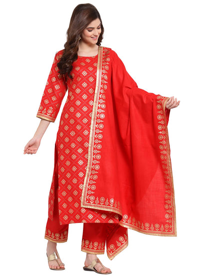 Gosriki WomenS Cotton Blend Kurta With Palazzo & Dupatta (Kpzd-Cot-10001-Red_Xxl-Go_Red_Xx-Large)