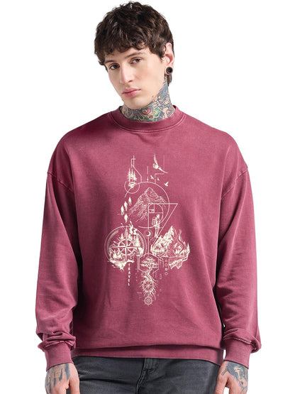 Bewakoof Mens Graphic Print Oversized Fit Full Sleeve Round Neck Cotton Blend Sweatshirt_1500635_Red_L