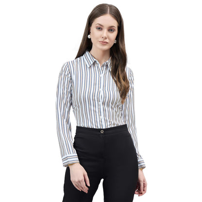 Style Quotient Women Beige and Navy Stripe Printed Regular Fit Polyester Formal Shirt