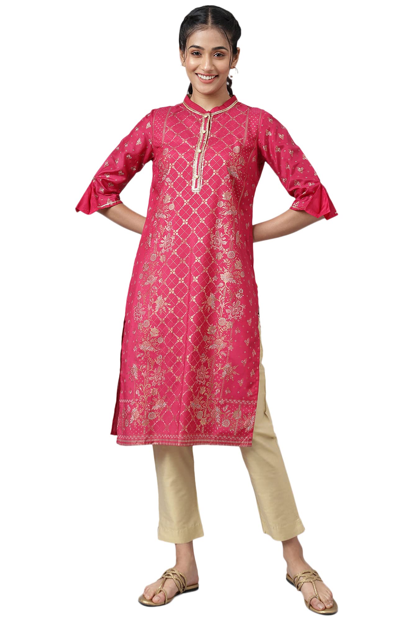 Aurelia WomenS Polyester Pink Floral Mandarin Collar Straight Kurta_22Aua13488-505722_M