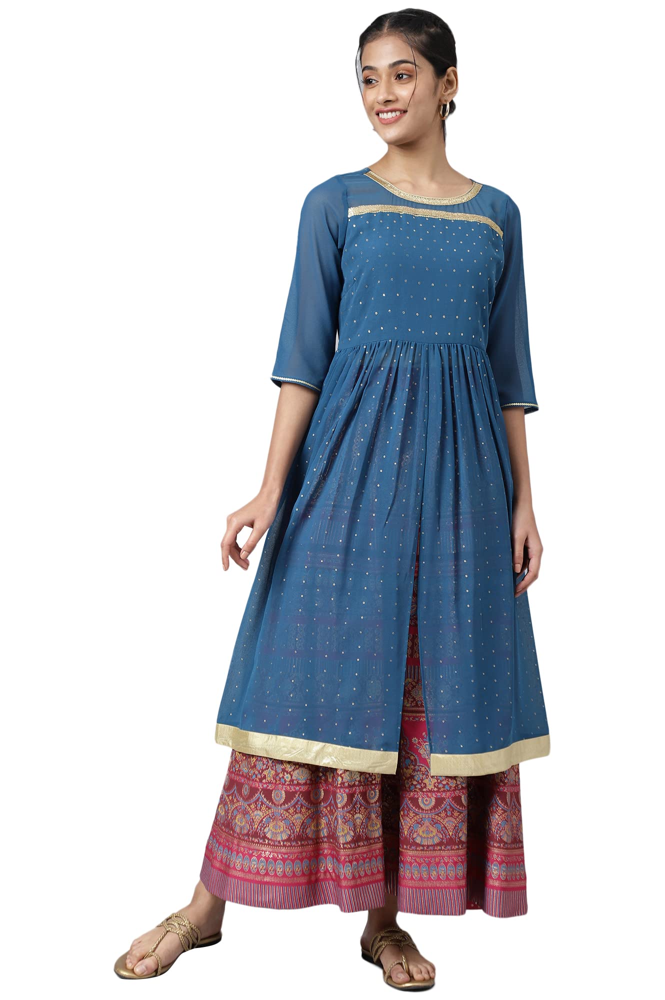 Aurelia Women Blue Foil Printed Kurta With Pink Skirt_22AUAS13513-506024_XL