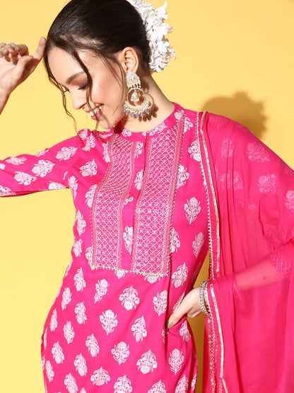 ishin Women's Cotton Pink Embroidered A-Line Kurta Trouser Dupatta Set