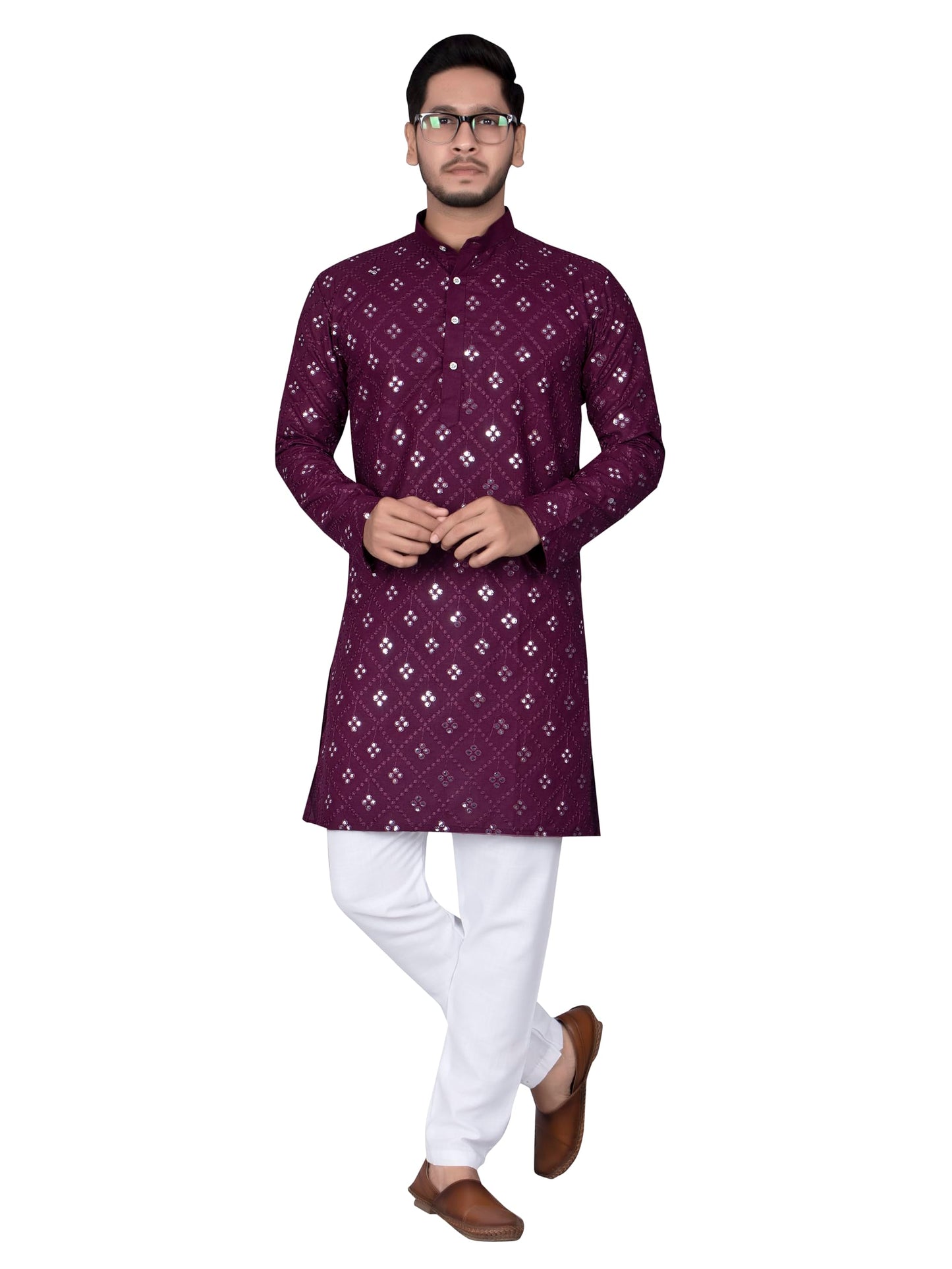 Xepon MenS Cotton Traditional Chikankari Mirror Work Embroidered Casual Knee Length Long Sleeve Mandarin Neck Straight Kurta Fo