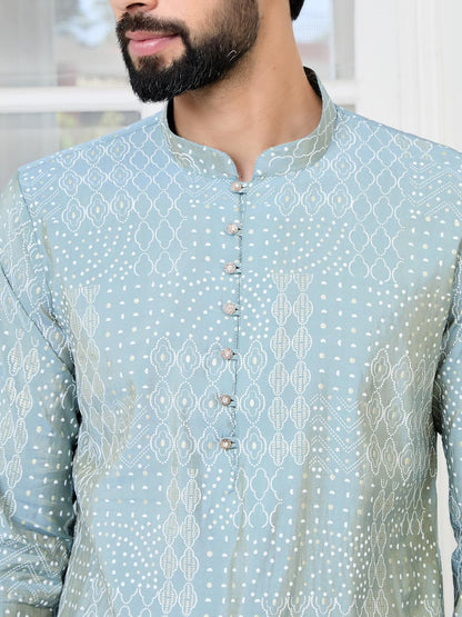 See Designs Mens Full Sleeve Mandarin Collar Grey Embossed Printed and Foil Printed Straight Long Kurta with Pyjama - Festive C