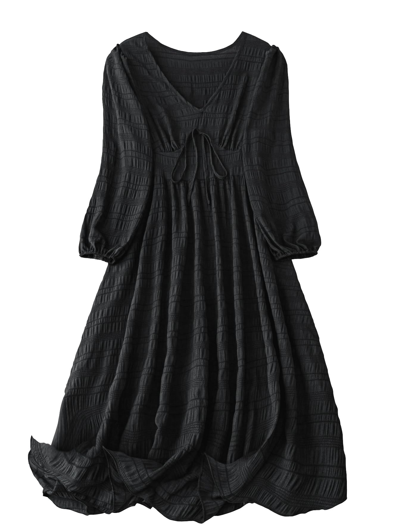 Shasmi Womens & Girls Black Dress For Women Midi, One Piece Dress For Womens Casual Dress, Solid Textured Lantern Sleeve Tie Fro