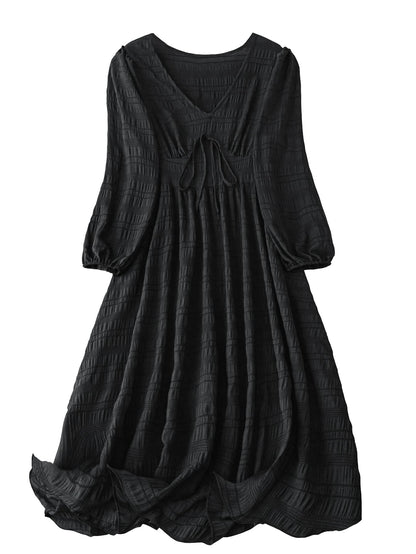 Shasmi Womens & Girls Black Dress For Women Midi, One Piece Dress For Womens Casual Dress, Solid Textured Lantern Sleeve Tie Fro