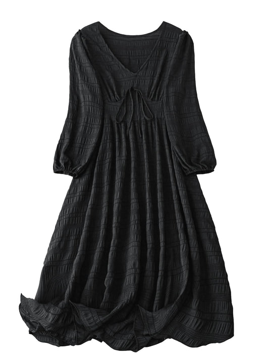 Shasmi Womens & Girls Black Dress For Women Midi, One Piece Dress For Womens Casual Dress, Solid Textured Lantern Sleeve Tie Fro