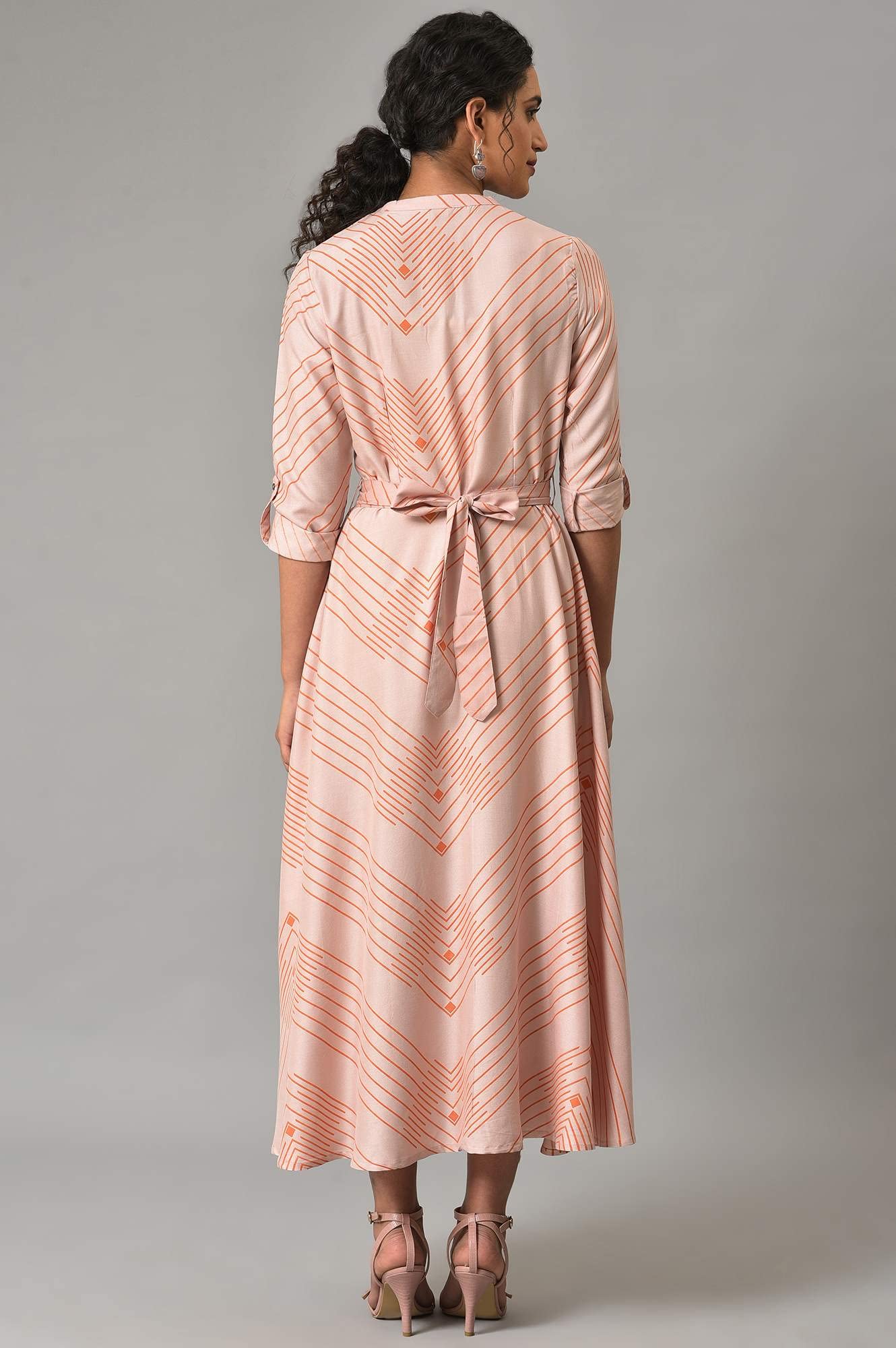 W Light Pink Geometric Printed Maxi Dress For Women