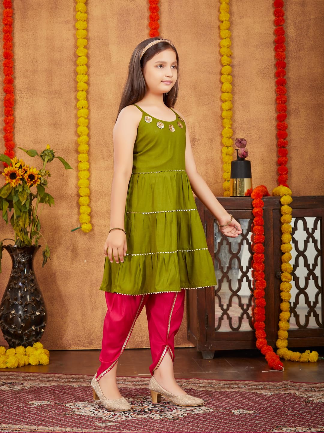 Aarika Girls Ethnic Wear Mehendi Colour Sequins With Gota Lace Work Rayon Dhoti Kurta Set (5-11 Years)