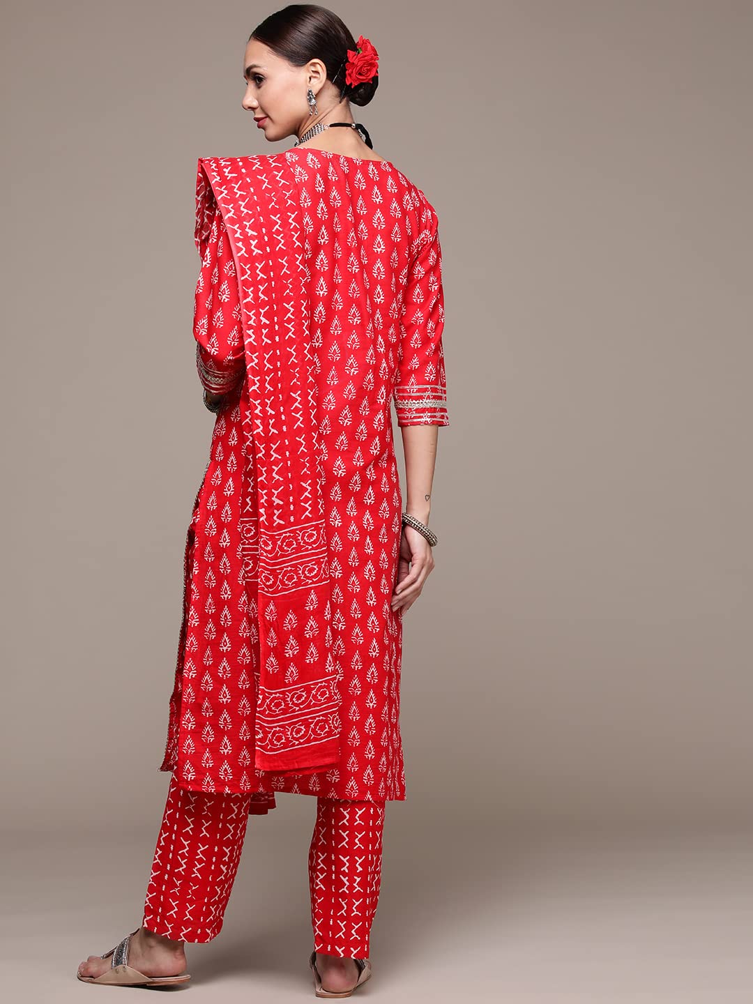 anubhutee Women's Cotton Red Abstract Printed Straight Kurta Suit Set With Pants And Dupatta