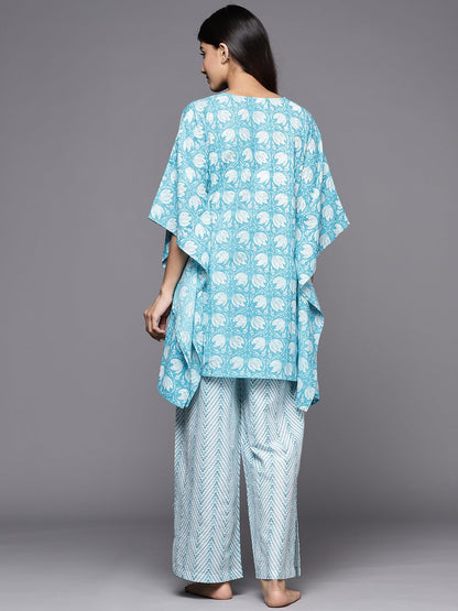Libas Womens Printed Cotton Night Suit Set For Women Turquoise Blue